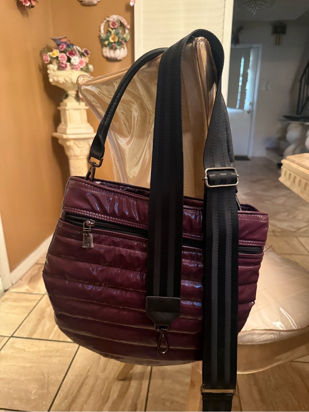 THINK ROYLN Quilted Shoulder Bag in Plum with Black Strap